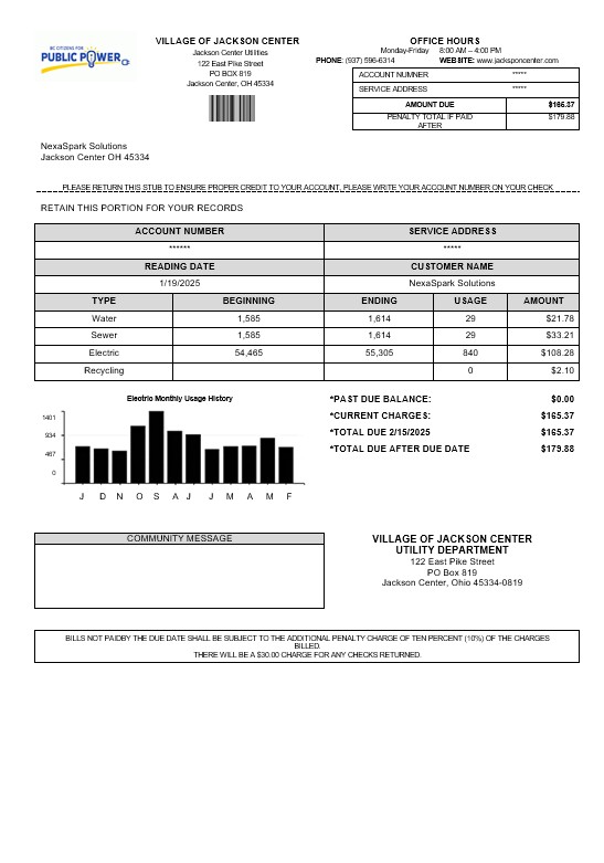 USA Ohio Village of Jackson Center Public Power business utility bill template in Word and PDF formats